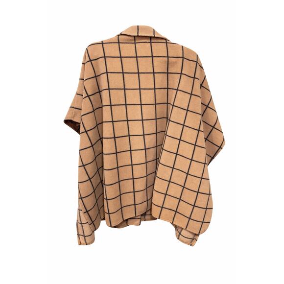 Le Mode Camel Windowpane Grid Poncho Oversized 3-Button Minimal Chic Old Money - Picture 2 of 6
